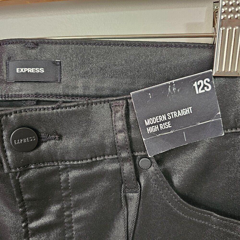 NWT EXPRESS BLACK MODERN STRAIGHT HIGH RISE LEATHER LOOK PANTS SIZE 12 SHORT - Picture 10 of 16